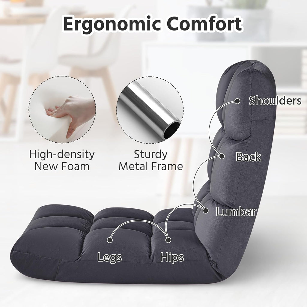 Yaheetech 14-Position Folding Floor Chair with Adjustable Back Support Gray | Velvet Floor Gaming Chair with Thick Foam, Iron Frame Floor Seat, Easy to Store, Lazy Recliner for Yoga Meditation