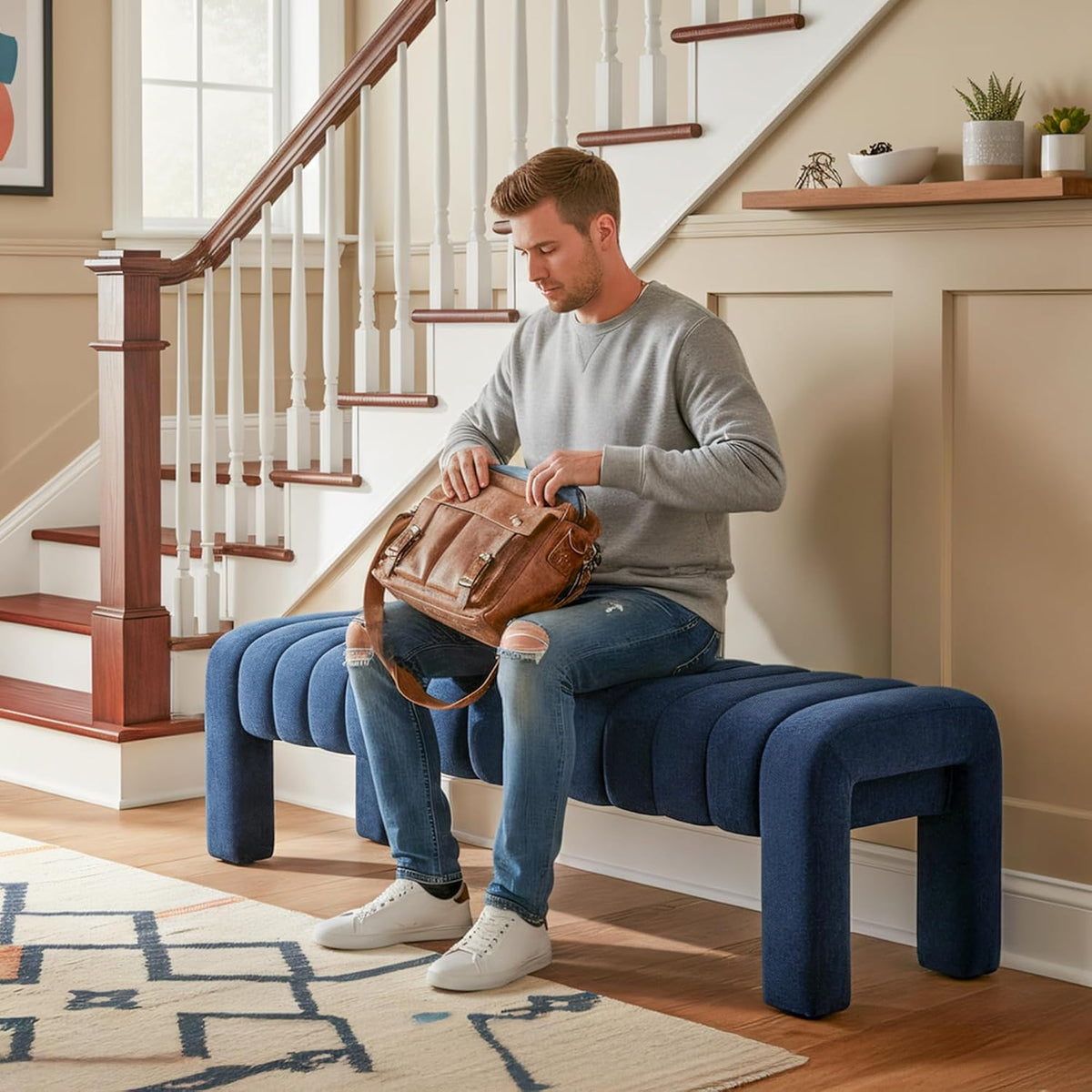 63" Bedroom Bench, Upholstered Entryway Bench, Modern End of Bed Ottoman with Solid Wood Legs and Adjustable Foot Pegs for Entryway, Dining Room and Living Room (Blue Chenille)