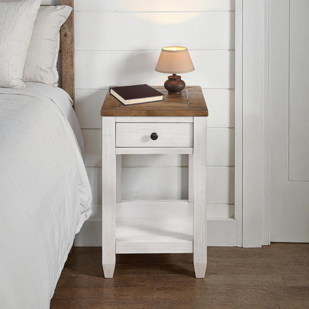 Martin Svensson Home Napa Farmhouse Chairside End Table with Charging Station, Solid Wood Narrow Side Table with Drawer & Shelf, Rustic Accent Table for Living Room or Bedroom. White and Natural.