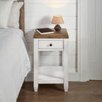 Martin Svensson Home Napa Farmhouse Chairside End Table with Charging Station, Solid Wood Narrow Side Table with Drawer & Shelf, Rustic Accent Table for Living Room or Bedroom. White and Natural.