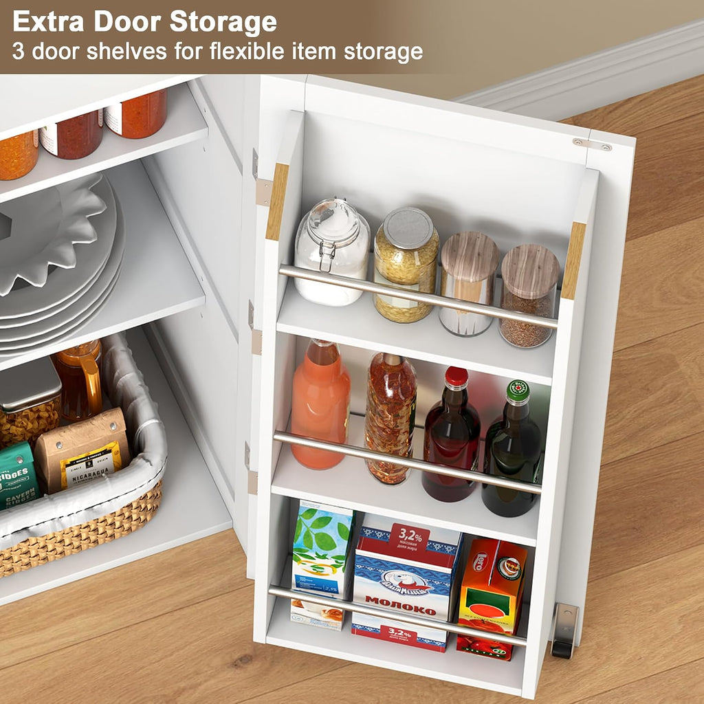 ChooChoo Narrow Kitchen Pantry Storage Cabinet, Slim Storage Cabinet with Adjustable Shelves and Open Shelves, Tall Freestanding Pantry Cabinet for Small Spaces, Kitchen, Dining Room, Bathroom, White