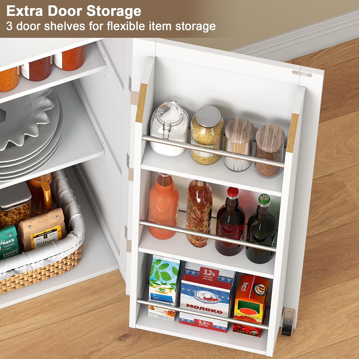 ChooChoo Narrow Kitchen Pantry Storage Cabinet, Slim Storage Cabinet with Adjustable Shelves and Open Shelves, Tall Freestanding Pantry Cabinet for Small Spaces, Kitchen, Dining Room, Bathroom, White