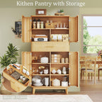 HUAHUU 71" Tall Pantry Cabinet with Curved Rattan Doors, Large Pantry Storage Cabinet with Drawer & Adjustable Shelves, Modern Farmhouse Kitchen Cabinet for Dining Room, Living Room, Oak
