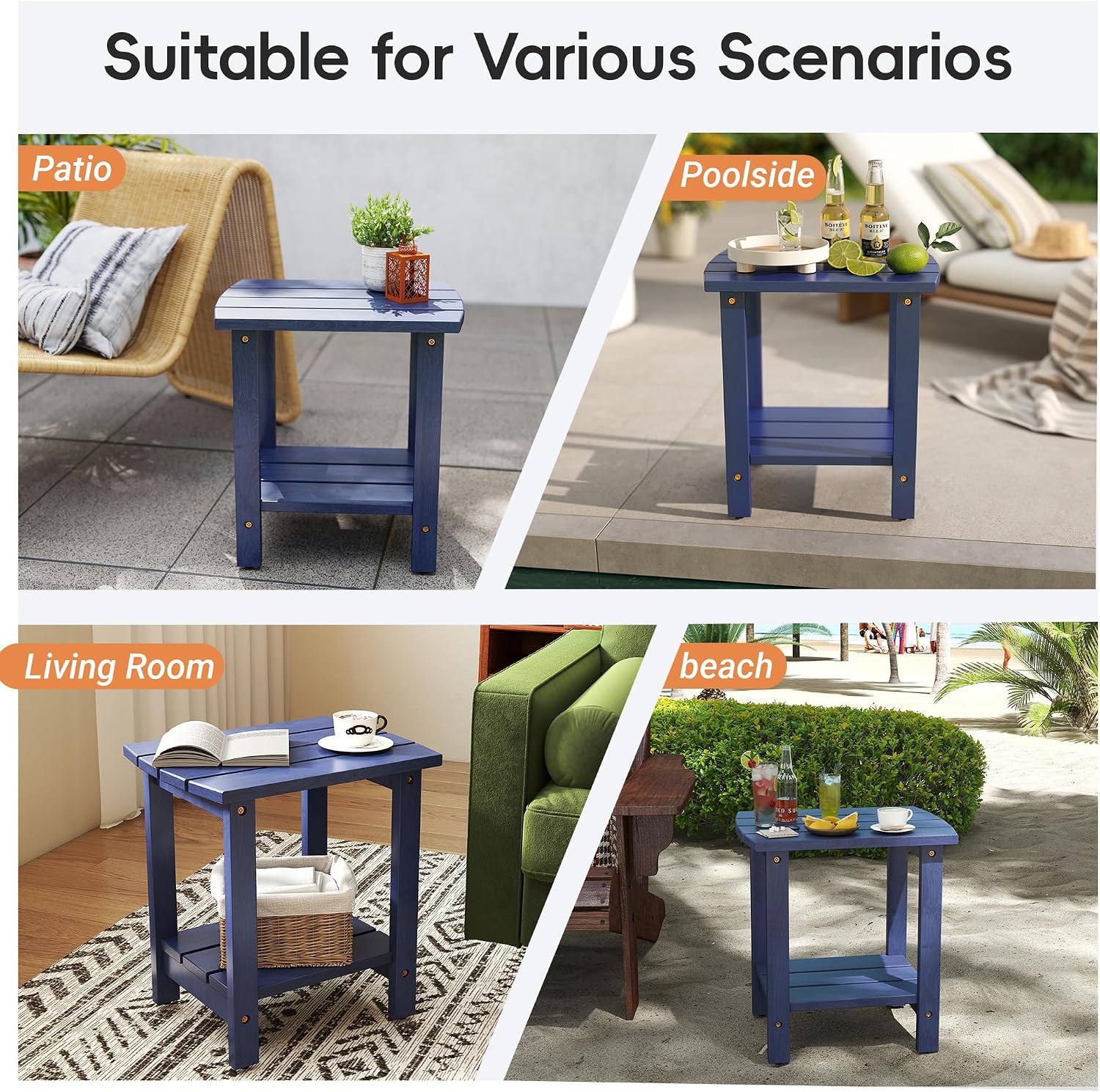2-Tier Adirondack Side Table 17" with Double Shelf, Easy Assembly Solid Wood End Table,Outdoor & Indoor Small Table for Living Room,Patio, Poolside, Porch - Weather Resistant Navy Blue