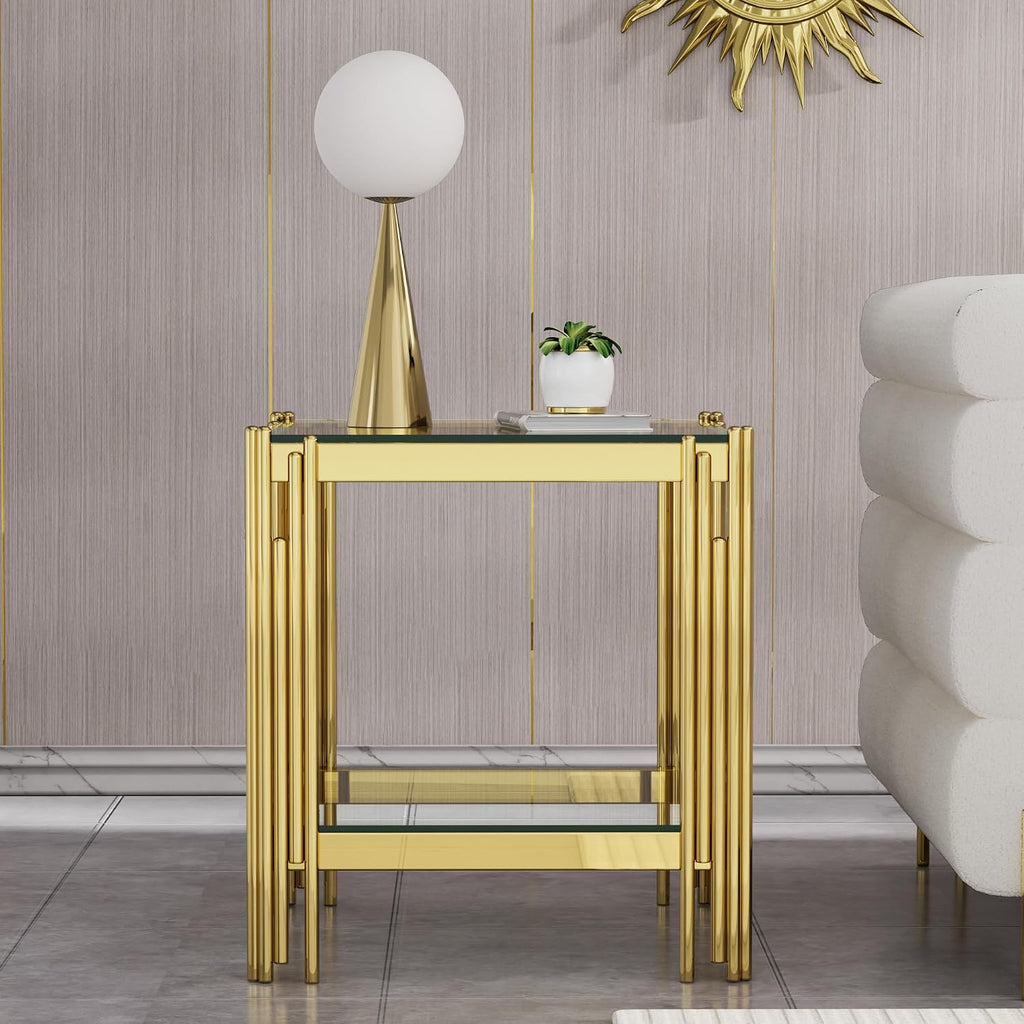 Small Side Table, Square End Table with Tempered Glass & Irregular Gold Stainless Steel Base, 2-Tier Modern Glass End Table with Storage Shelves, Luxury Accent Sofa Table for Living Room, Bedroom