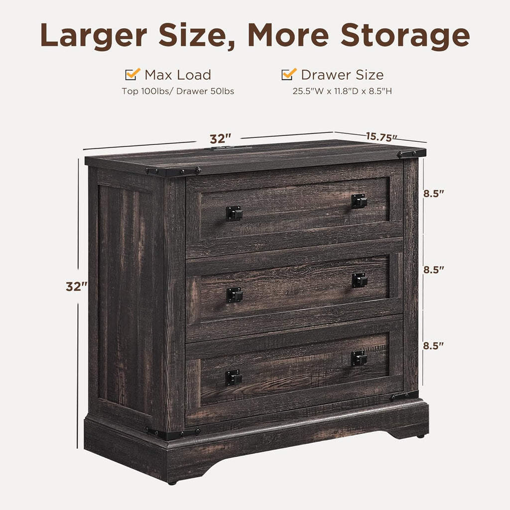 T4TREAM 32" Farmhouse Nightstand with 3 Storage Drawers, Large End Table with Charging Station, Rustic Wood Bedside Table for Bedroom, Living Room, Dark Rustic Oak