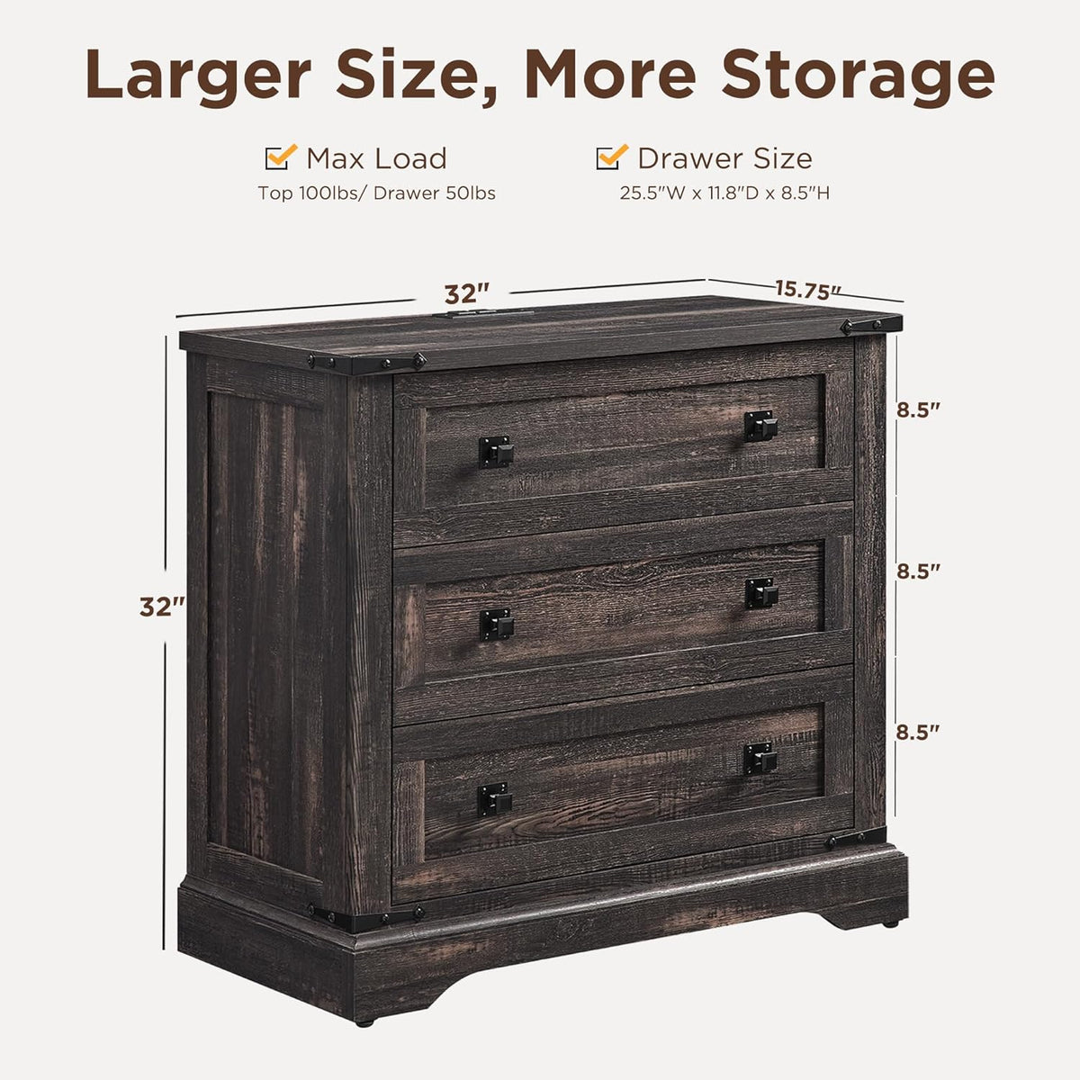 T4TREAM 32" Farmhouse Nightstand with 3 Storage Drawers, Large End Table with Charging Station, Rustic Wood Bedside Table for Bedroom, Living Room, Dark Rustic Oak