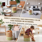 Barydat 2 Pcs 15'' Ottoman Pouf Natural Seagrass Braided Poof Hand Weaving Round Ottomans Boho Footrest Stool for Home Living Room Bedroom Patio(Natural and Green)