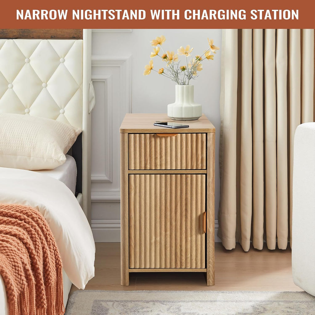 Fluted Narrow End Table with Charging Station, Boho Side Table with Drawer Storage, Small Night Stand with Power Outlets and USB Ports, Sofa Side Table for Living Room, Natural
