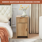 Fluted Narrow End Table with Charging Station, Boho Side Table with Drawer Storage, Small Night Stand with Power Outlets and USB Ports, Sofa Side Table for Living Room, Natural