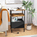 End Table with Charging Station & Outlet, Small Narrow Side Table for Bedroom, 25" H Bedside Table with USB Ports, 3-Tier Slim Nightstand, Rustic Brown