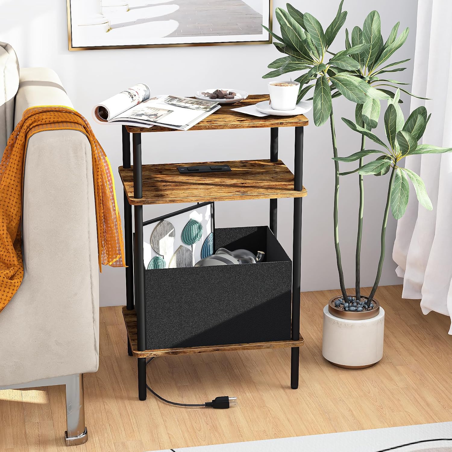 End Table with Charging Station & Outlet, Small Narrow Side Table for Bedroom, 25" H Bedside Table with USB Ports, 3-Tier Slim Nightstand, Rustic Brown
