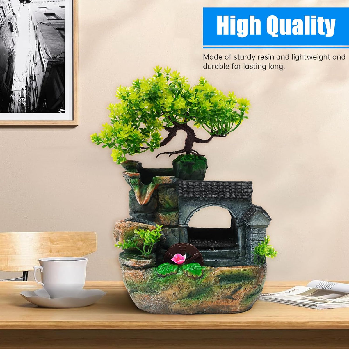 Tabletop Waterfall Fountain – 11 in Rockery Humidifier with Color-Changing LED Light, Adjustable Pump & Faux Bonsai Tree, Resin Indoor Desk Fountain Décor for Bedroom, Office, Aquarium, Meditation