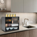 3 Tier Kitchen Pantry Storage Cabinet with with 2 Sliding Striped Glass Doors Console Dining Cupboard Modern Freestanding Bamboo Sideboard for Dining Room Kitchen Black (21.6x11x18.1inch)