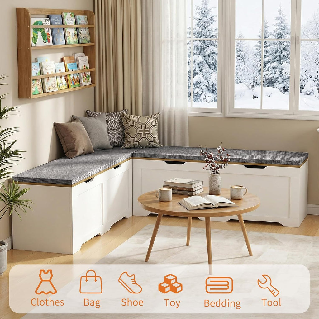 Zevemomo 63" L Shaped Storage Bench with Cushion, Kitchen Breakfast Nook Benches, Corner Storage Bench for Living Room, Kitchen, Entryway, White and Grey
