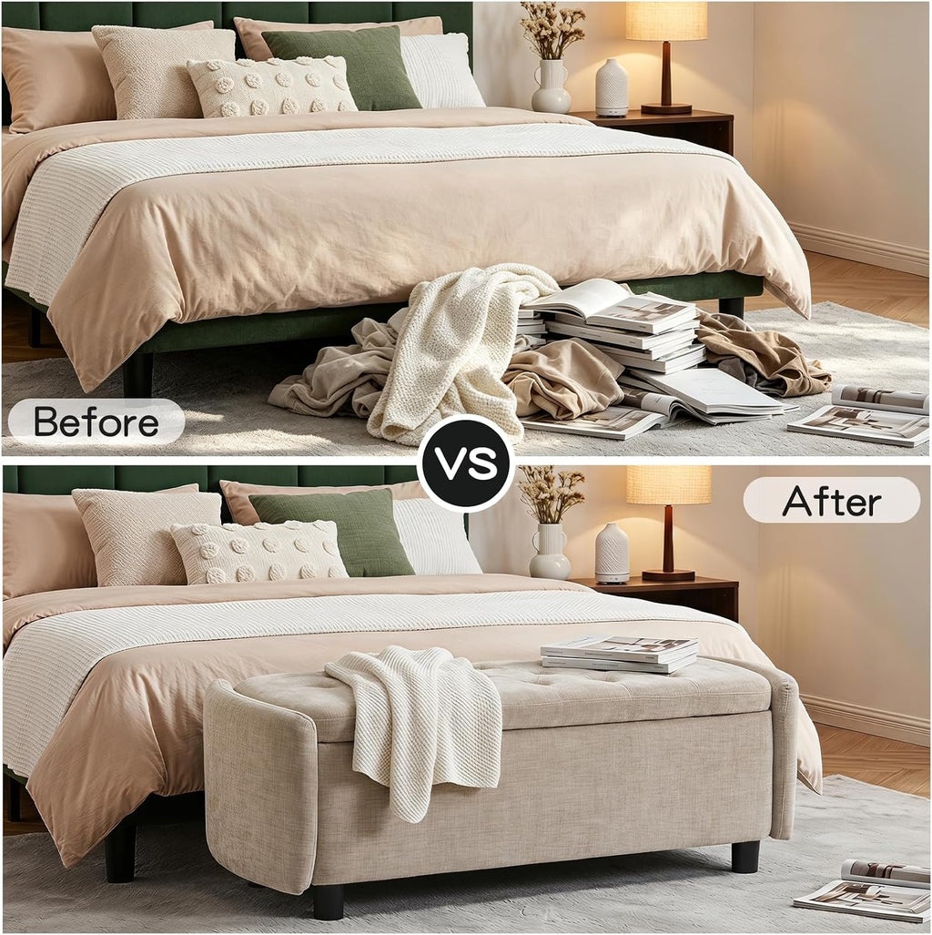 Furniliving 46.5‘’ Chenille Storage Bench, Button-Tufted Upholstered Storage Ottoman Bench with Safety Hinge, End of Bed Bench for Bedroom Entryway Living Room, Camel