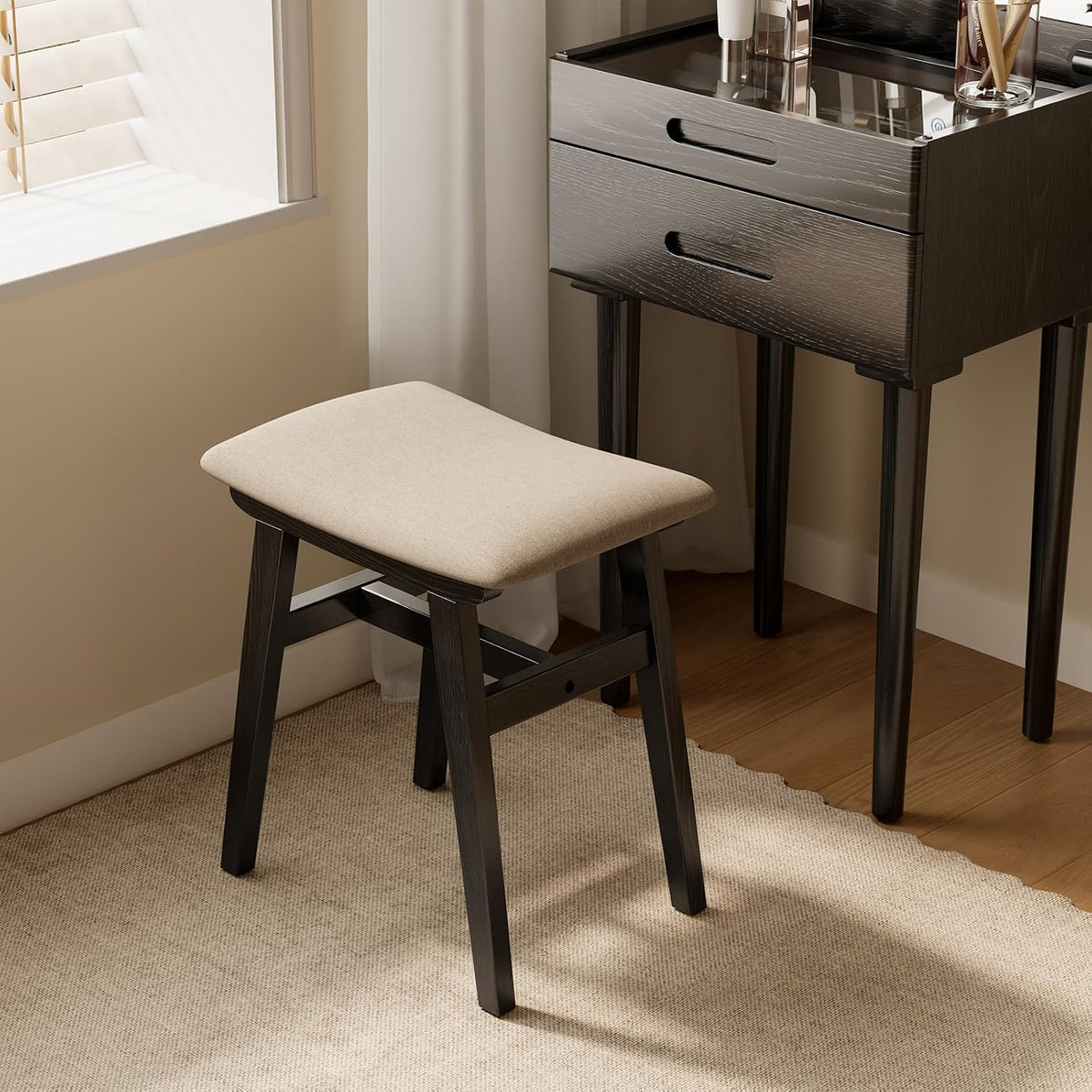 Muwuele Solid Wood Vanity Stool, Compact Makeup Chair with Saddle Cushion, Linen-Covered High Rebound Sponge Seat, Easy Assembly Footstool for Bedroom, Entryway, Home, Black