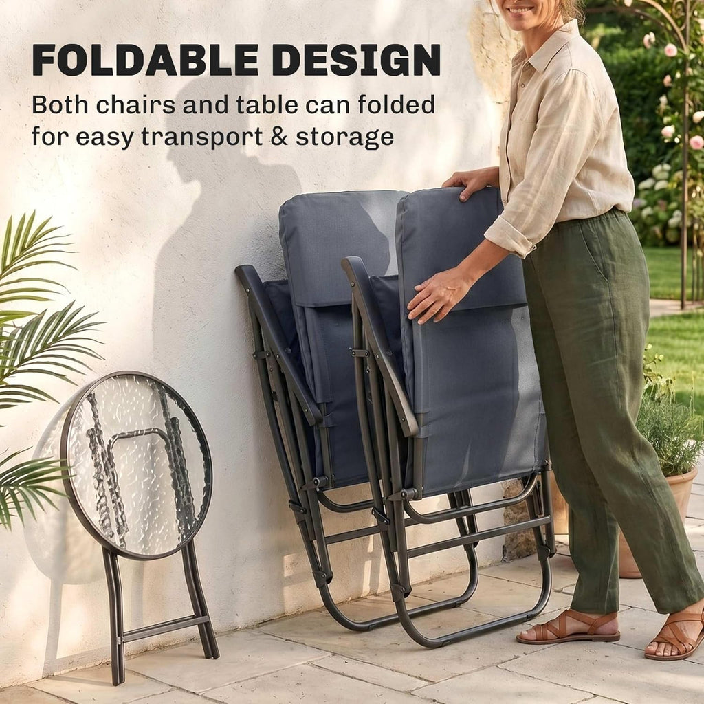 Outsunny 3 Piece Outdoor Patio Furniture Set with Glass Coffee Table & 2 Folding Padded Rocking Chairs, Bistro Style for Porch, Camping, Balcony, Navy Blue
