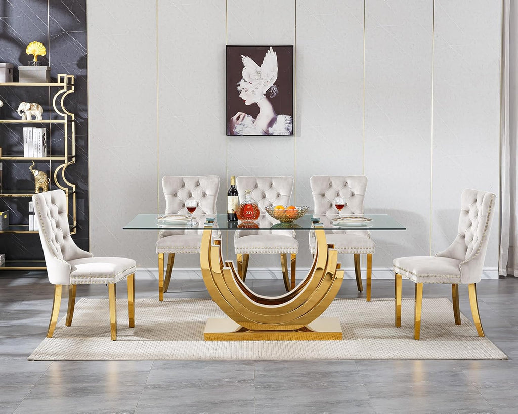 SSLine 7-Piece Gold Glass Dining Table Set for 6, Modern Luxury 70" Glass Dining Room Table with Three-Ring Shape Stainless Steel Base, Elegant Kitchen Table Set with 6 Beige Tufted Chairs