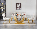 SSLine 7-Piece Gold Glass Dining Table Set for 6, Modern Luxury 70" Glass Dining Room Table with Three-Ring Shape Stainless Steel Base, Elegant Kitchen Table Set with 6 Beige Tufted Chairs