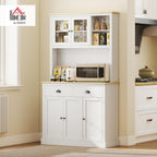 HOMCOM Kitchen Pantry Storage Cabinet with Microwave Stand, 71" Modern Kitchen Hutch with Open Countertop, Glass Doors, Storage Drawers and Adjustable Shelves for Dining Room, Coffee Bar, White