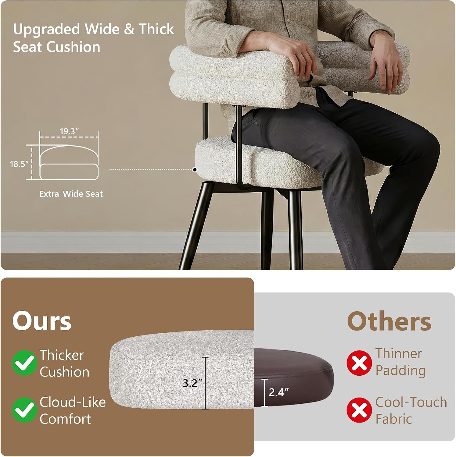 AODAILIHB 360° Swivel Boucle Dining Chairs Set of 2,Modern Upholstered Kitchen Chair with Curved Backrest,Armless Dining Chairs with Metal Legs for Dining Room, Vanity, Living Room, White
