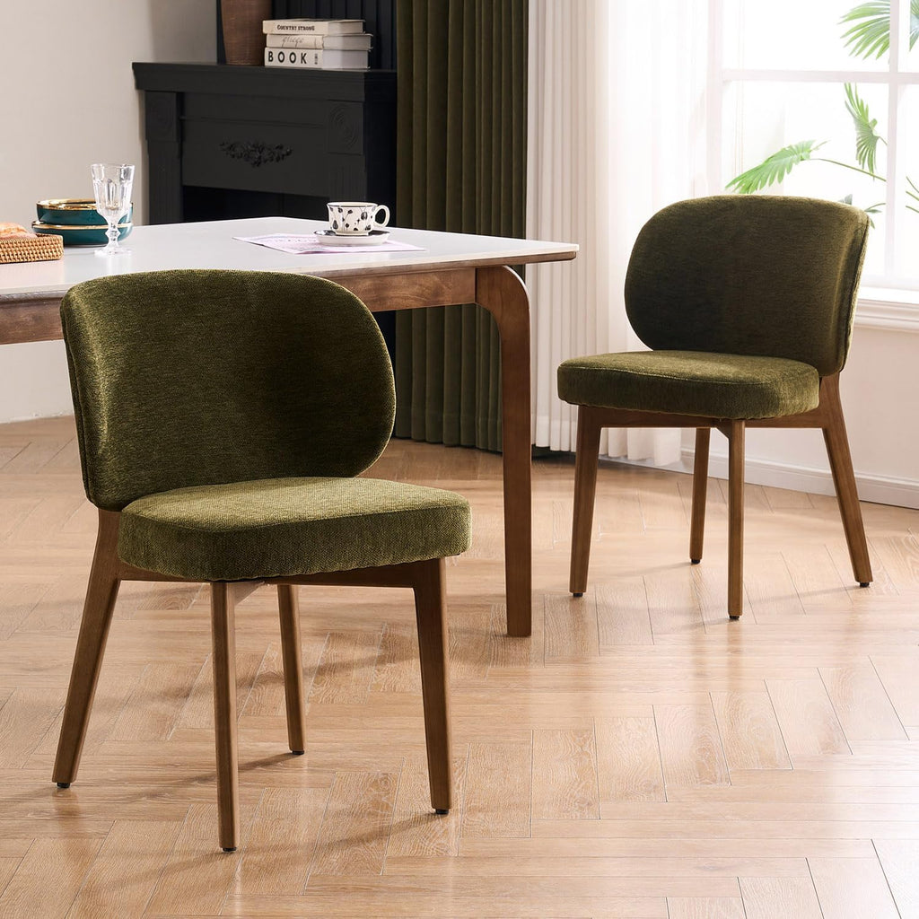 YOUNUOKE Single Dining Chair Modern Dining Room Chair Green | Upholstered Chenille Fabric Kitchen Chair, Widen Curved Backrest Comfy Side Accent Chairs with Wide Padded, Wood Legs