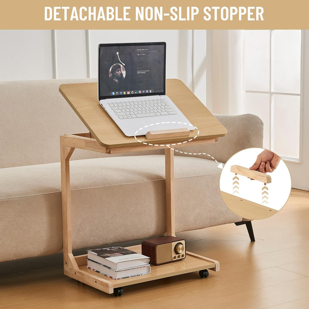 Uniclinens Rolling Side Table Desk Sofa - C Shape Couch End Table with Wheels, Mobile Wooden Slim Sofa Tray, Movable Small Couch Desk for Living Room Bedroom, Natural
