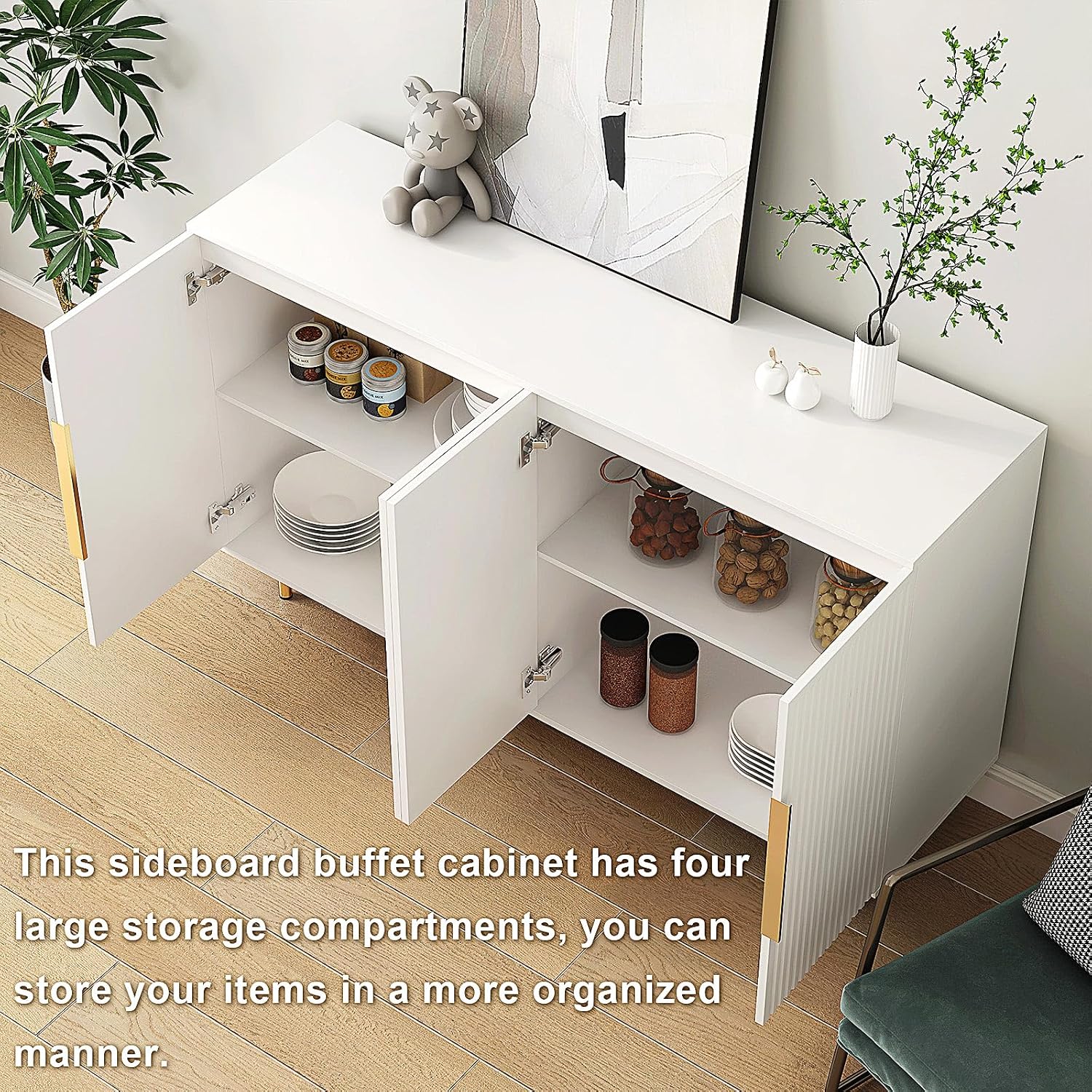 Sideboard Cabinet, 56" Large Buffet with Storage, Wood Credenza with 4 Fluted Doors and Adjustable Shelves, for Living Room, Kitchen, Entryway, White