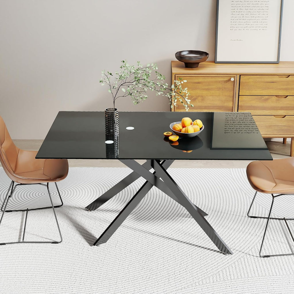 51.2" Glass Dining Table for 2-4 People, Modern Kitchen Table with Black Chromed Legs, Rectangular Dinner Table for Small Space, Apartment, Office, All Black