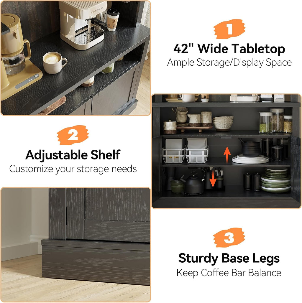 Takywep Tall Coffee Hutch with LED Lights Tall CoffeeBar Cabinet Farmhouse Buffet Cabinet with Storage Kitchen Sideboard with Microwave Stand/Wine Rack/Glass Shelf