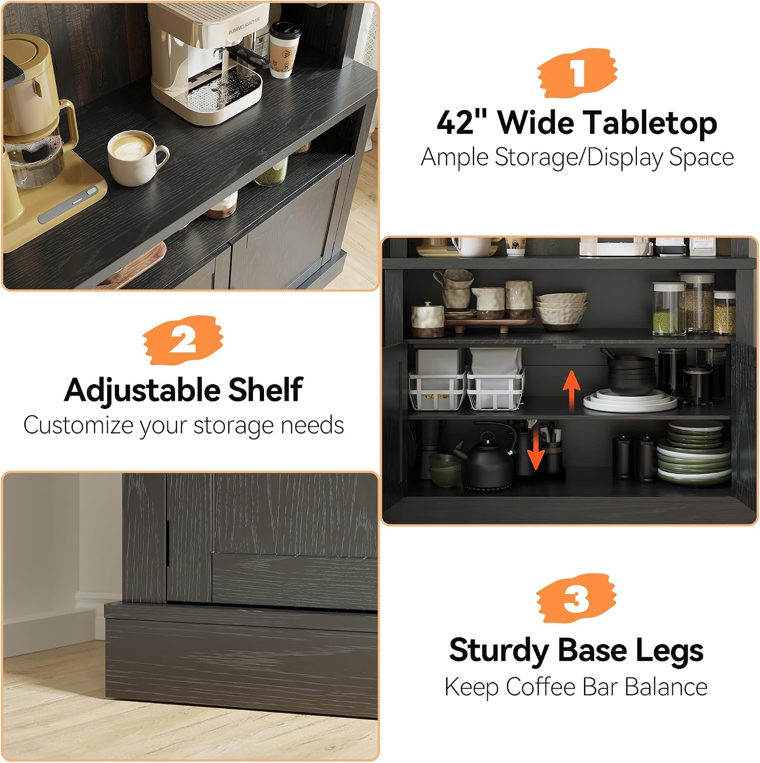 Takywep Tall Coffee Hutch with LED Lights Tall CoffeeBar Cabinet Farmhouse Buffet Cabinet with Storage Kitchen Sideboard with Microwave Stand/Wine Rack/Glass Shelf