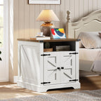 HOOBRO Farmhouse End Table with Charging Station, 23.6" Large End Tables for Living Room, Sofa Side Table with Barn Door, Wooden Square Nightstand Bedside Table, Flip Top, White and Walnut WH601UBZ01