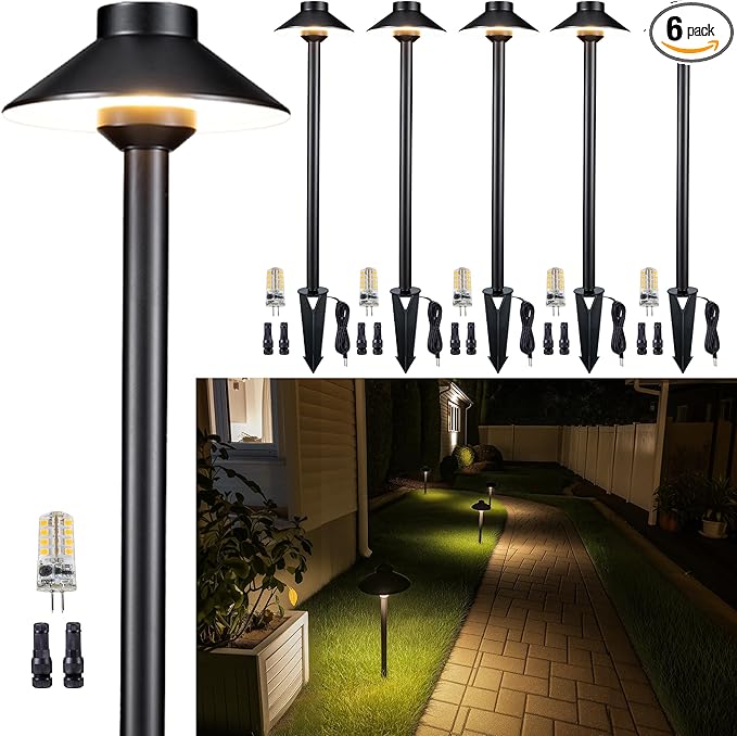 Brass Low Voltage Landscape Lighting - 12V LED Path Lights IP65 Waterproof, Hard-Wired Pathway Light Black for Outside Walkway Garden with 3W 2700K Warm White G4 Replaceable Bulb (6 Pack)