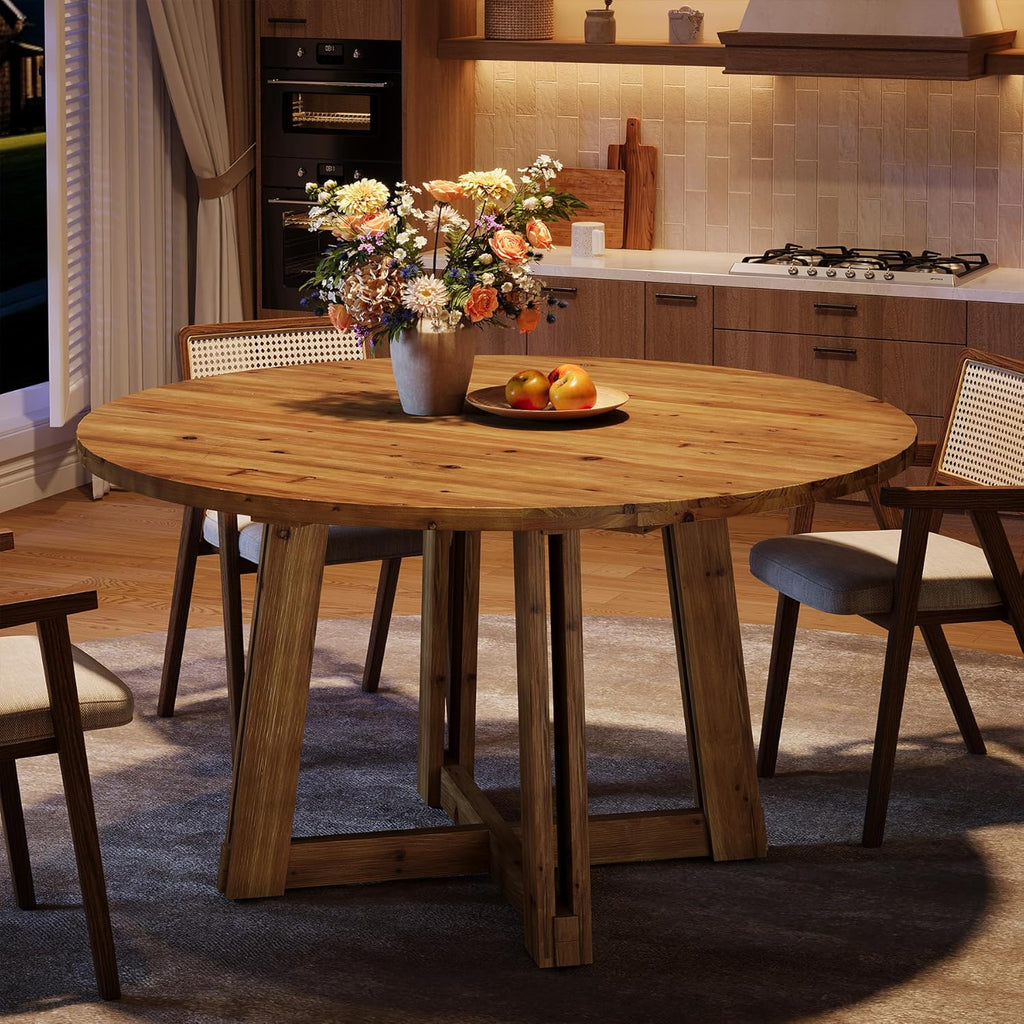 47.3" Solid Wood Dining Table for 4-6, Round Wood Kitchen Table | Farmhouse Kitchen & Dining Room Table, Sturdy and Stable, Circle Dinner Table with Wood Legs, Easy Assembly, Rustic Brown