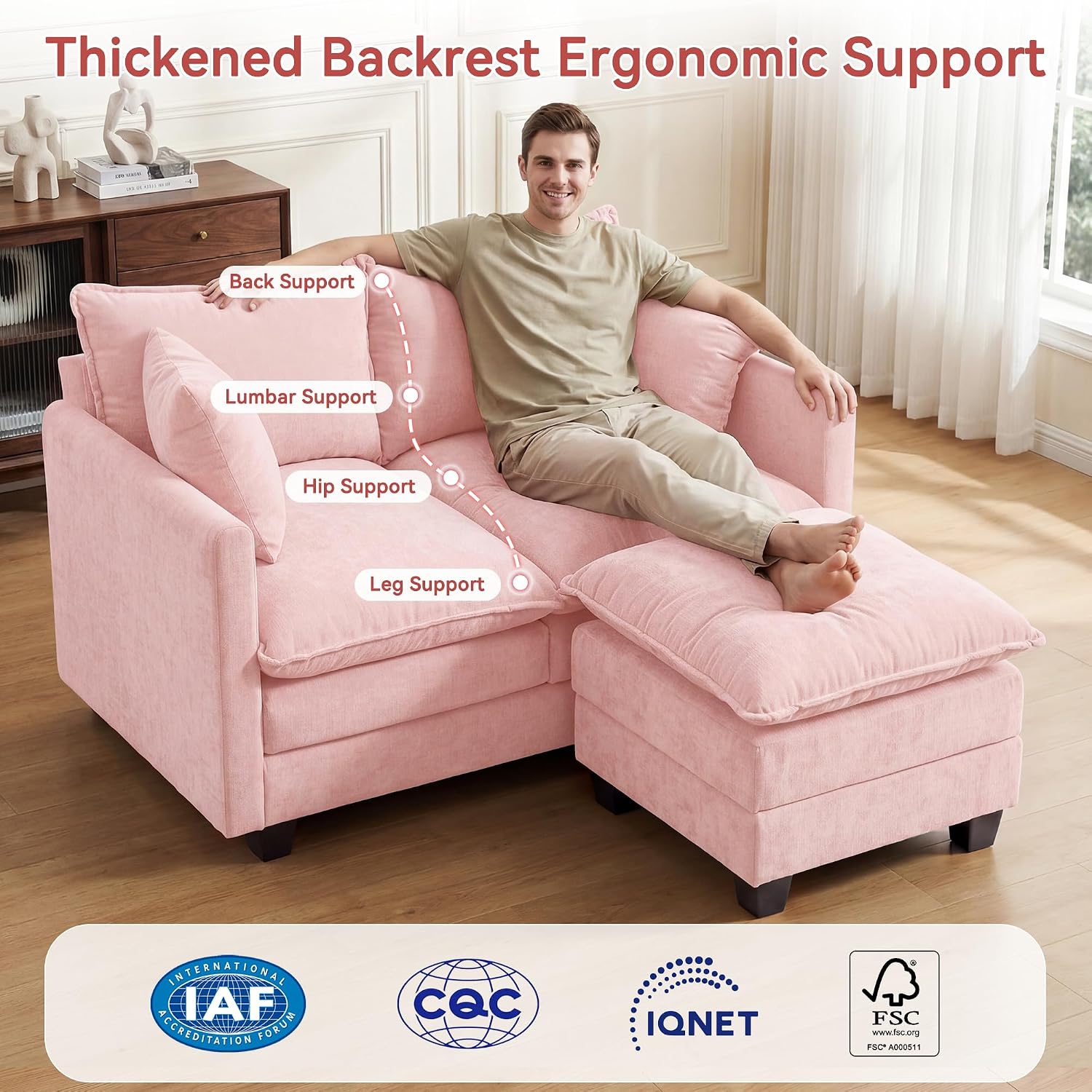 L-Shape Loveseat Sofa Couch with Ottoman, Small 50" Love Seat 27" Deep Cloud Sofa Washable Chenille Pillow for Apartment Bedroom Dorm Attic Studio Office Living Room Small Space 50-Pink-L