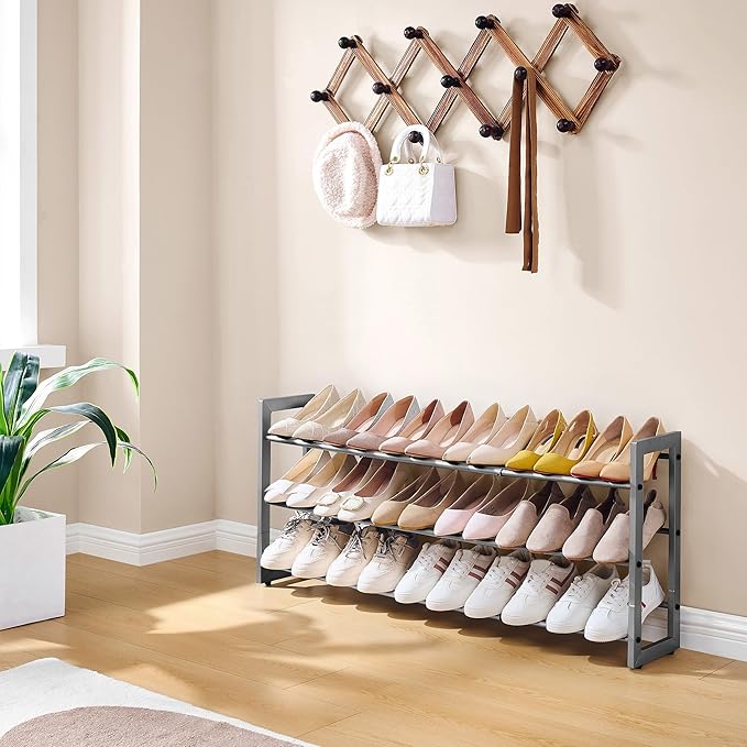 FAVOOSTY 3-Tier Expandable Shoe Rack, Adjustable Shoe Shelf Storage Organizer Space Saving Metal Free Standing Shoe Rack for Entryway Closet Doorway, Silver Grey