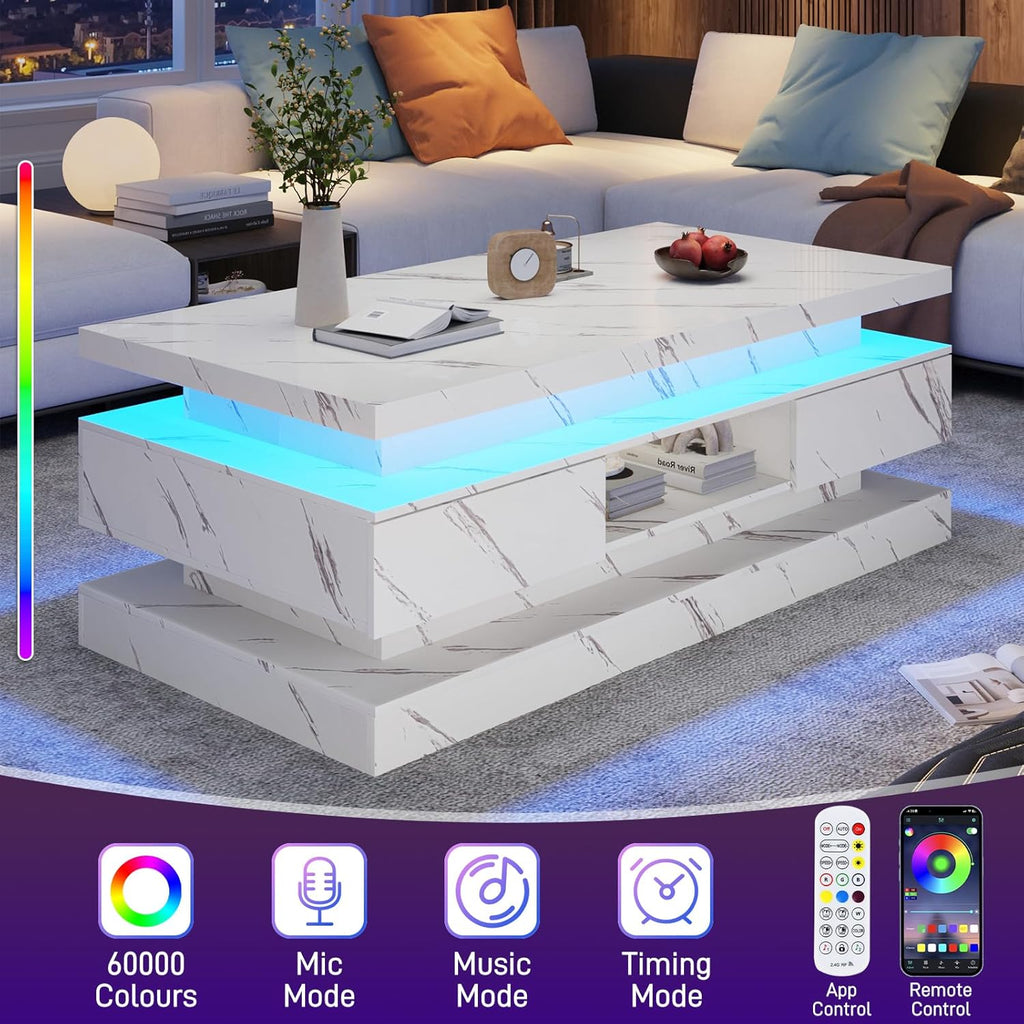 47.2 Inch Modern High Glossy LED Coffee Table with 2 Sliding Drawers, Double-Layer Center Tables with LED Lights for Livings Room Furniture, White