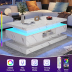 47.2 Inch Modern High Glossy LED Coffee Table with 2 Sliding Drawers, Double-Layer Center Tables with LED Lights for Livings Room Furniture, White