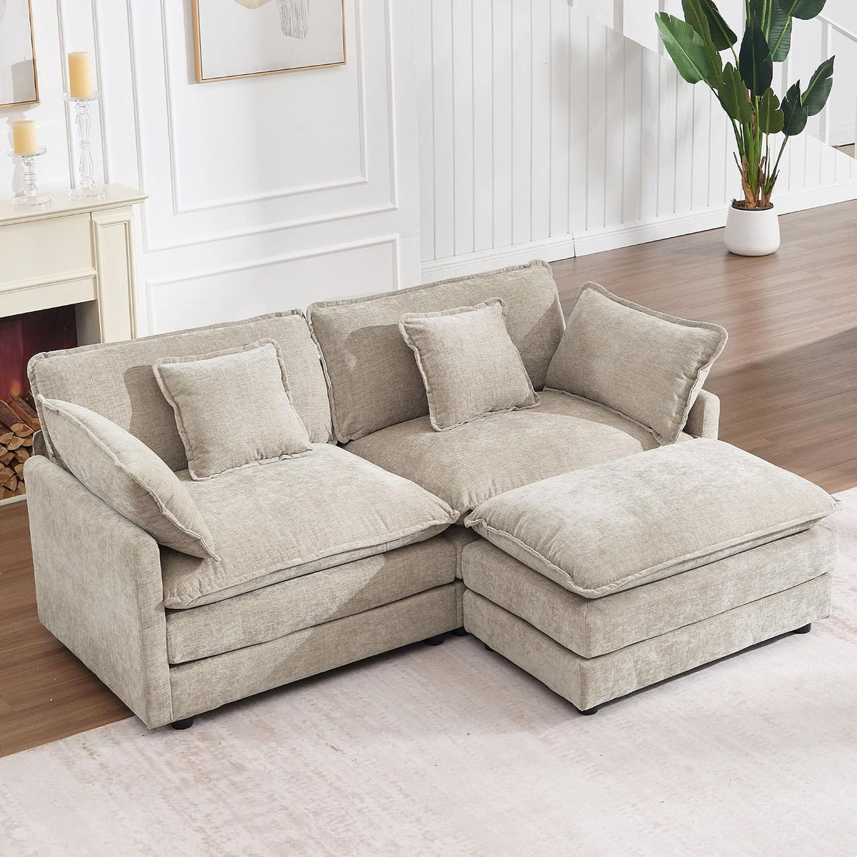 GNIXUU 76.7" Camel Small L Shaped Cloud Couch Loveseat Sofa with Ottoman | Modular Sectional Couches for Small Places, Living Room, Apartment, Studio, Office, Deep Seat, 2 Seater Sofa, Chenille Fabric