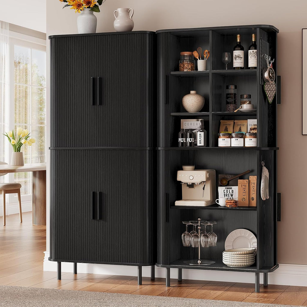 71" Tall Fluted Pantry Cabinet, Mid-Century Modern Kitchen Pantry Storage Cabinet with 2 Pegboards, 10 Hooks, Freestanding Cupboard with 4 Adjustable Shelves, Sliding Doors (Black)