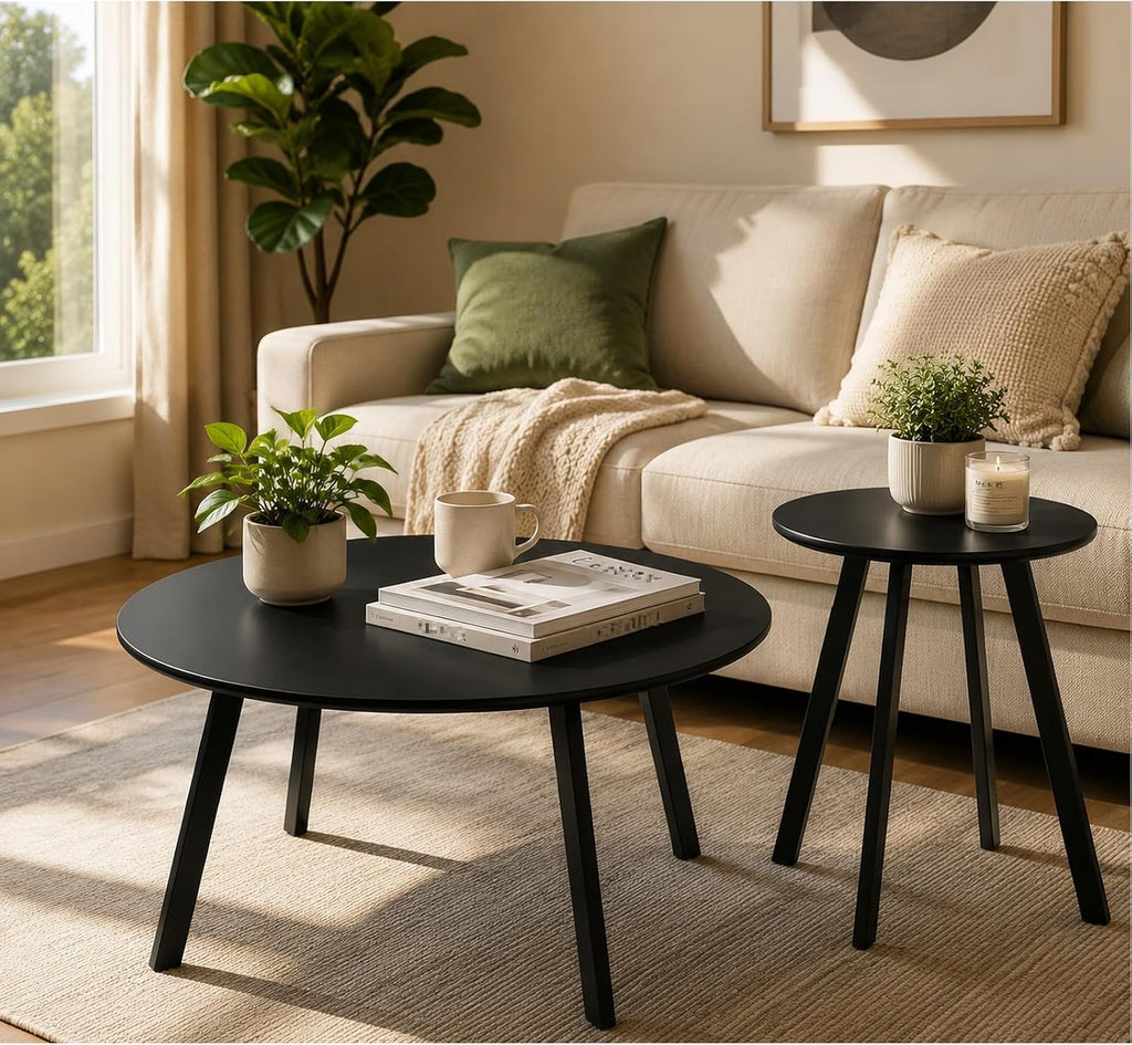 2-Piece Round Nesting Coffee & Side Table Set, Black Metal | Space-Saving Design, Non-Slip Foot Pads, Smooth Easy-Clean Top, Indoor & Outdoor Use, Sturdy Metal Frame