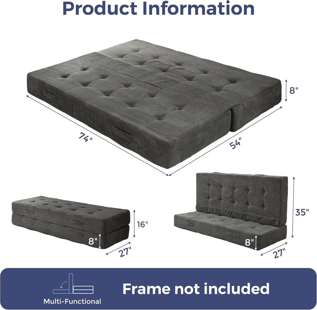 MAXYOYO Foldable Mattress, 8-Inch Tufted Futon Mattress with Handles | Tufted Floor Sofa Bed and Versatile Mattress, Carry Handles for Living Rooms or Guest Rooms, Frame Not Included, Dark Grey
