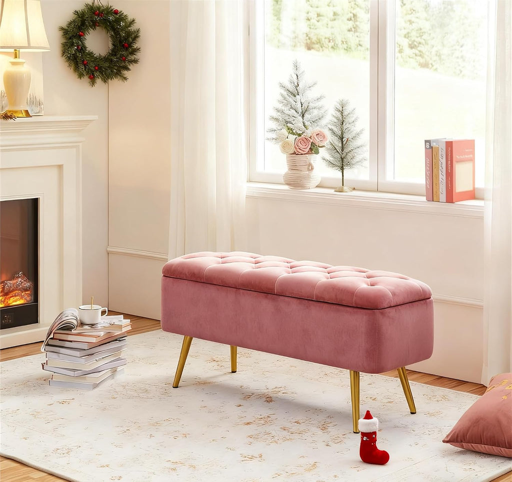 Yaheetech 43in Velvet Storage Ottoman Bench for Bedroom End of Bed, Pink | Button-Tufted Ottoman with 1.9C Storage Space, Tapered Gold Metal Legs, Sized for Entryway Living Room Window Seat
