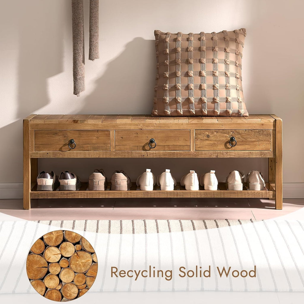 Wnutress 45.2" Reclaimed Solid Wood Benches with 3 Drawers & Slatted Storage Shelf, Rustic Farmhouse Long Entryway Bench Seat for Indoor, End of Bed, Living Room, Hallway, Natural Finsh