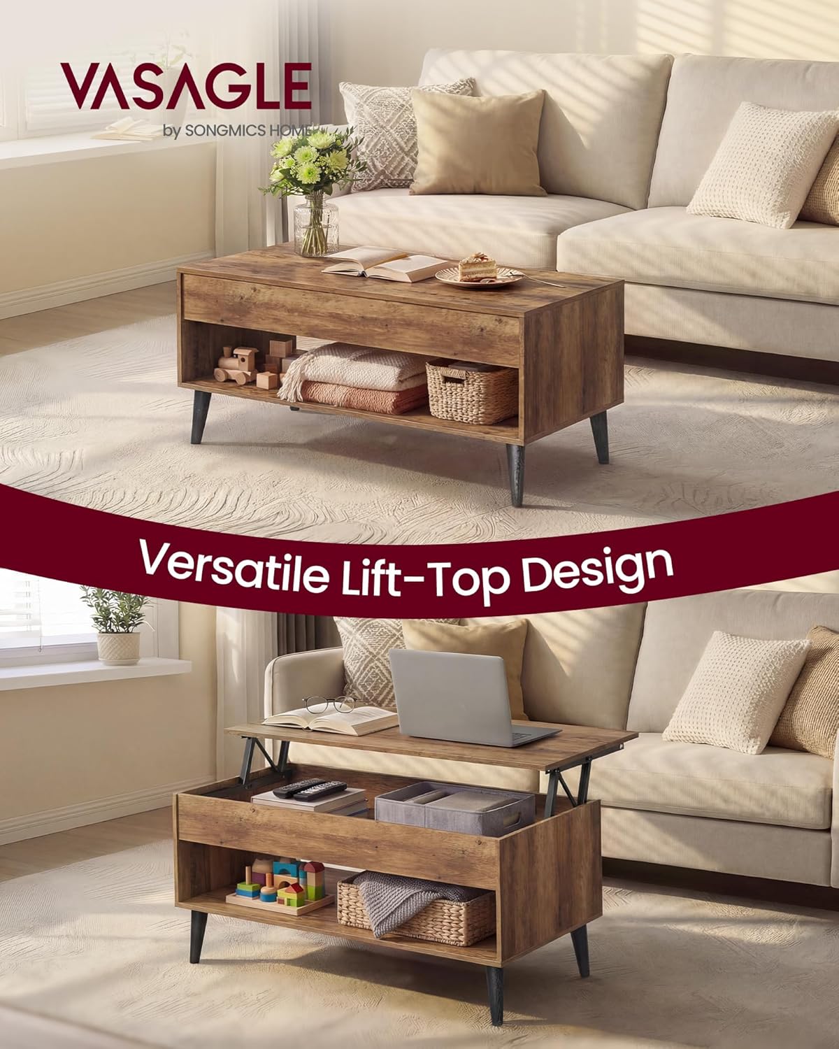 VASAGLE Lift Top Coffee Table with Hidden Storage, Gas Spring