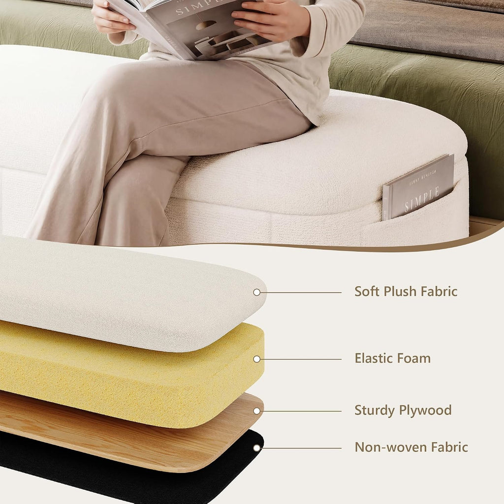 Einhomn 47.4" Ottoman with Storage, End of Bed Bench with Soft Upholstered Seat, Storage Ottoman Bench with Side Pocket, Solid Wood Legs, Entryway Bench for Bedroom, Living Room, Window