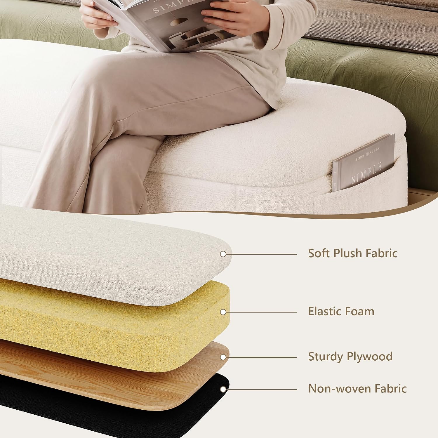 Einhomn 47.4" Ottoman with Storage, End of Bed Bench with Soft Upholstered Seat, Storage Ottoman Bench with Side Pocket, Solid Wood Legs, Entryway Bench for Bedroom, Living Room, Window