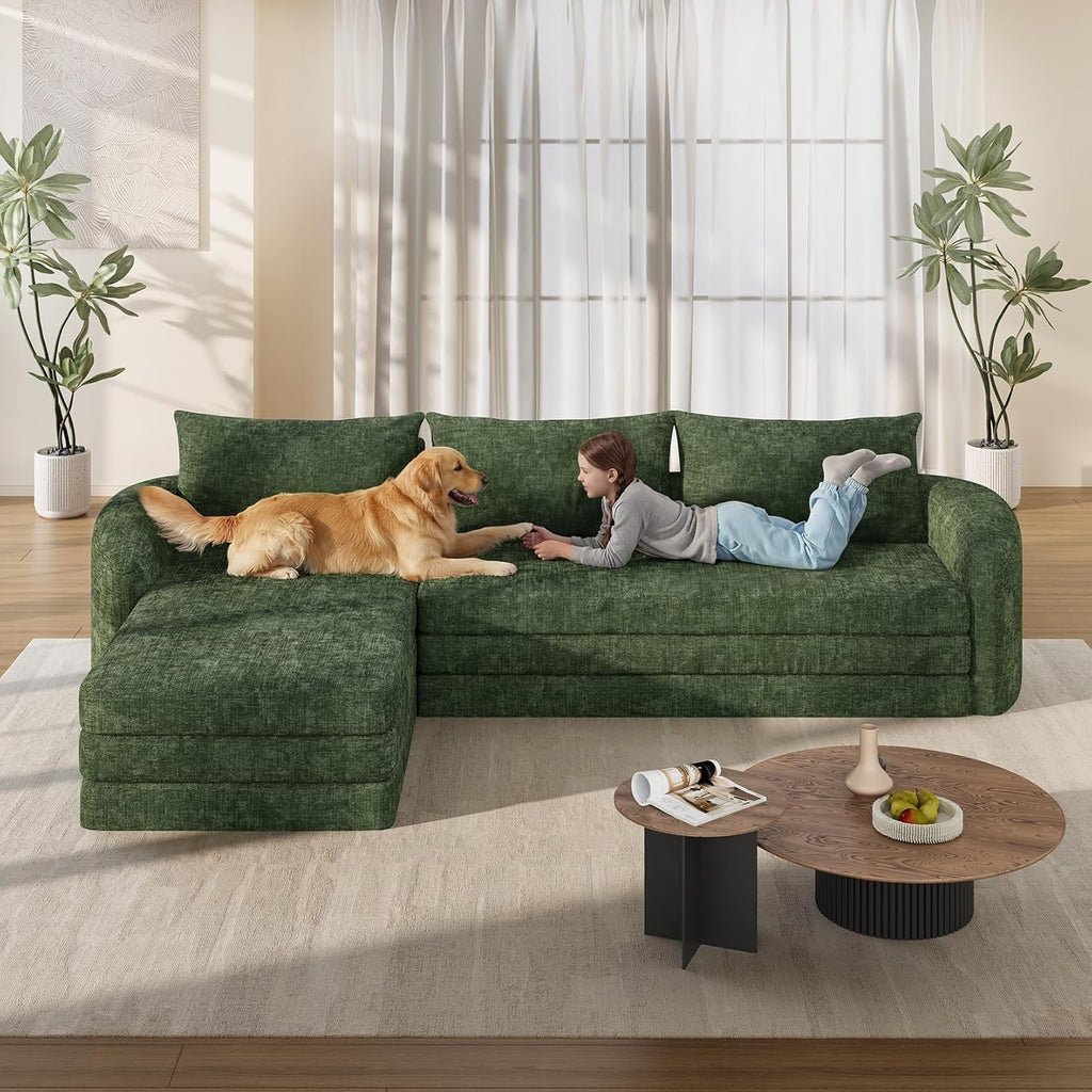 Vesgantti 110.2" Modular Sectional Sofa with Curved Armrest, 6 in 1 Convertible Folding Sleeper Sofa Bed, Chenille Couch for Living Room, No Assembly Required, Green, Left Facing Chaise