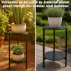 2-Tier Metal Round Side Table Black Accent Coffee Tables Small Space Corner Plant Stand Shelf for Indoor Outdoor Use Patio Balcony End Table Laser-Cut Floral Pattern Weather-Resistant
